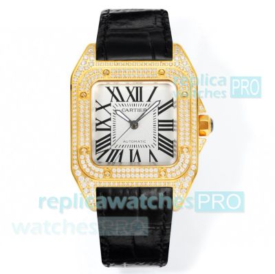 Swiss Clone Cartier Santos Ladies Watch 100th Anniversary 35.6 Yellow Gold Diamond Set 